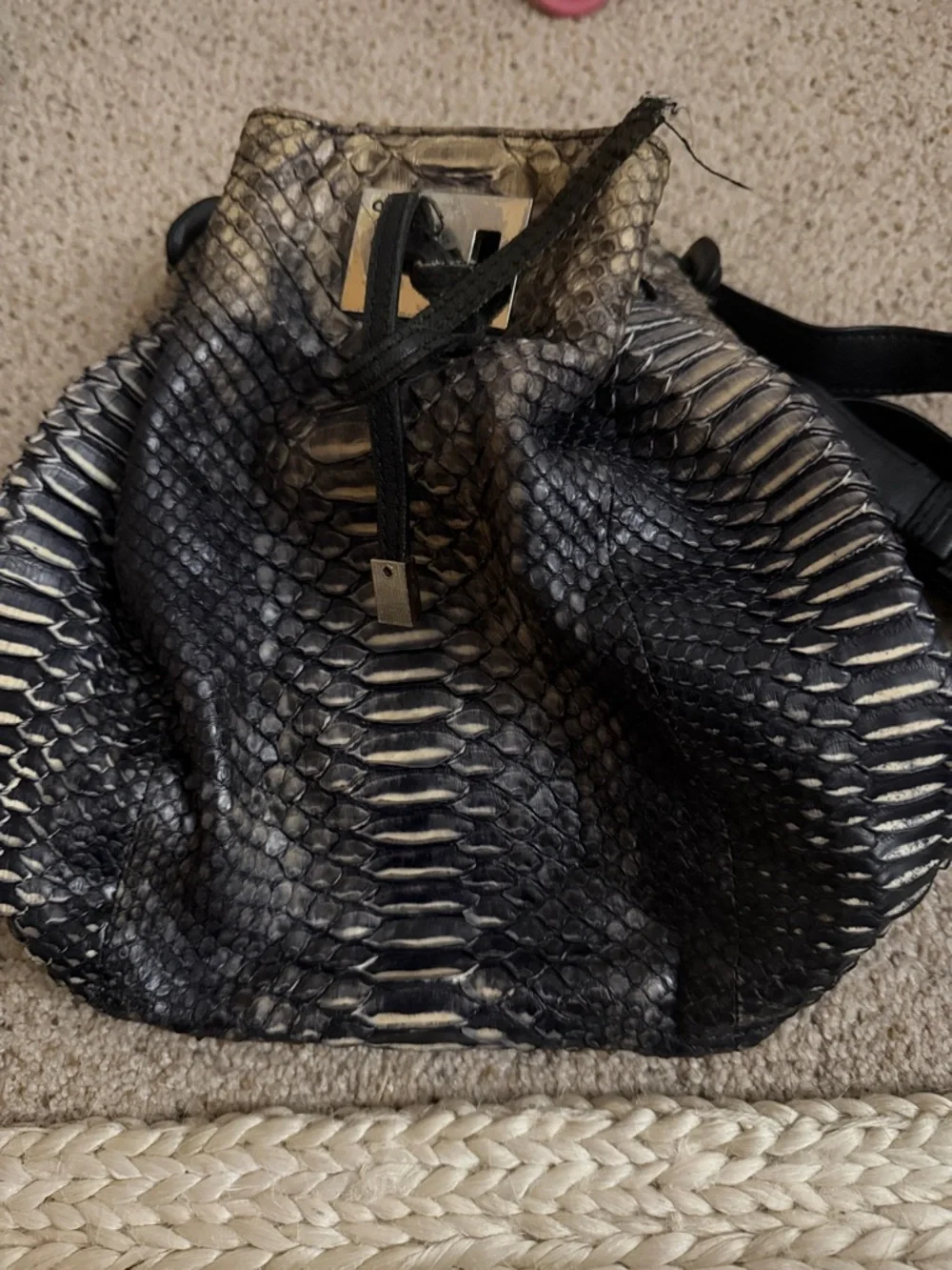 Black Python-Texture Drawstring Satchel - Picture 1 of 6